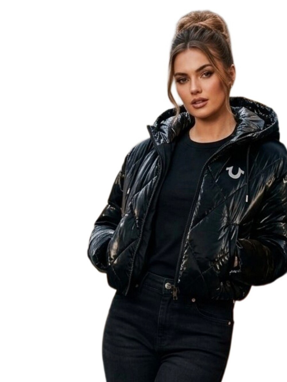 True Religion Hi Shine Black Logo Cropped Hooded Puffer Jacket Womens Size Med.
